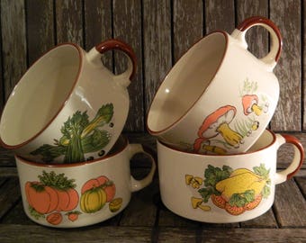 Rustic Handpainted Stoneware Soup Bowls with Handles Set of Four