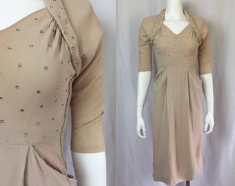 Xs/small ** 1940s RHINESTONE beige rayon crepe pocket dress ** vintage forties nude evening dress