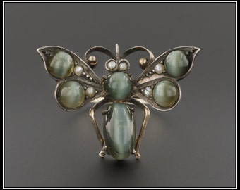 Antique Bug Ring | Antique Pin Conversion Ring | Cat's Eye Chrysoberyl Bug Ring | 14k White Gold & Silver Ring | Statement Ring