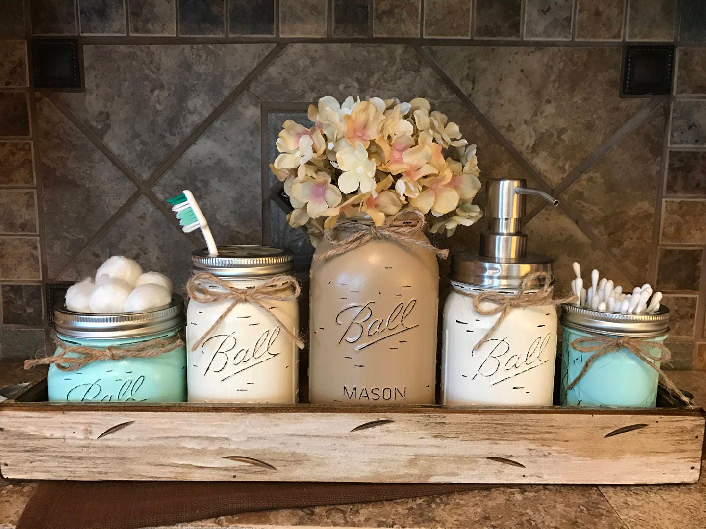 MASON Jar Bathroom Decor Antique White TRAY SET Cotton Ball