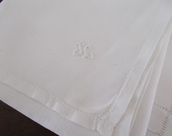 6 Vintage FRENCH Ladder work Hankerchiefs. One with JC Monogram. Ladies Hanker chiefs.