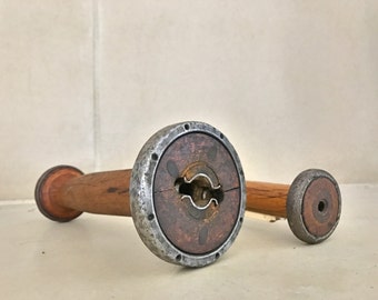 Industrial Wooden Spools / Vintage Wood and Metal Steampunk Bobbins / Candlestick Holder / Pair of Spools