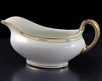Antique, Gravy Boat, Ridgways England, Blue Flowers, Yellow Band, White Body, Gold Handle, Sauce Boat