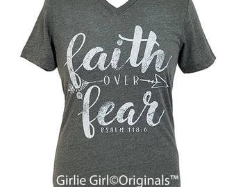 Girlie Girl Originals Faith Over Fear Deep Heather V-Neck Bella Canvas Short Sleeve T-Shirt