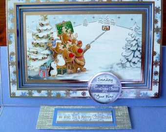 Fun 3D Christmas Card, Handmade Easel Christmas Card, Cute 5x7" Holiday Card, Penguin Card, Reindeer Card, Paper Handmade Greeting Card