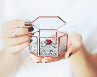 Wedding Ring Box, Ring Bearer Box, Geometric Ring Box, Copper Ring Box, Jewelry Box, Rose Gold Box, Stained Glass Ring Pillow, Hexagon Box