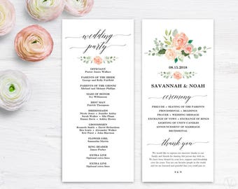 Peach Blush Wedding Program Template, Printable Wedding Programs, Boho Wedding Program, Tall Program, Editable Text, Tea Length, Peach Blush