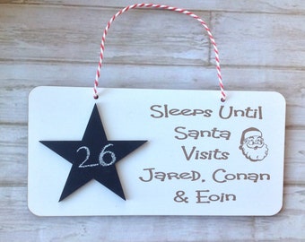 Christmas countdown plaque - sleeps until personalised plaque santa with chalk or chalk pen