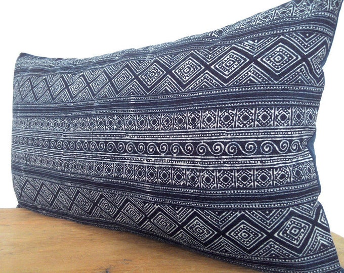 Hand Dyed Hmong Indigo Batik Pillow Cover, Handspun Geometric Boho Hill Tribe Cotton Pillow