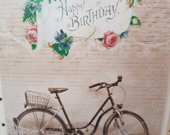 Vintage photo Happy Birthday Bicycle card, Soft glitter flowers pretty card Birthday card, Boho Birthday card