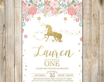 Rustic UNICORN FIRST BIRTHDAY Invitation, Blush Pink Mint Gold Magical Unicorn 1st Birthday Invite, Mythical Fairytale Girl One Birthday