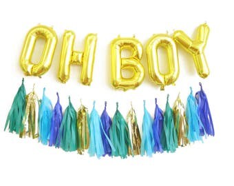 OH BOY balloons - gold mylar foil letter balloon - tassel garland set