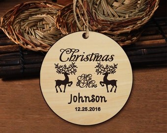 Our First Christmas Ornament Married,Personalized Christmas Ornaments,Mr and Mrs Christmas Reindeer Ornaments Handmade,Rustic Wedding Gift
