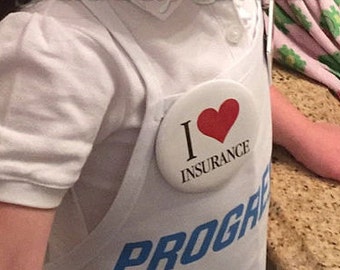 Child 4 item Flo Progressive Insurance Apron, Name Badge + Pin attached WITH / WITHOUT pins! Won't prick or fall off. Flo made in the USA!