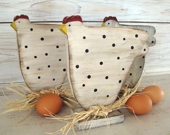 Rustic Wood Spotted Chicken on a Stand - Wood Chicken - Farmhouse Style Decor - Farmhouse Kitchen