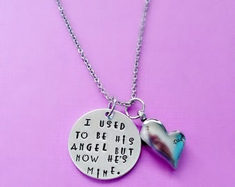 Memorial Cremation Ashes Urn Pendant Necklace, Hand Stamped I Used to Be His Angel Now He's Mine, Dad Memorial Jewelry, Remembrance Necklace