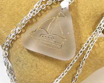 Sea Glass Jewelry Sailboat Sea Glass Necklace Natural Seaglass Jewelry Beach Sailboat Necklace - MTSG