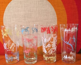 Vintage Iced Tea Glasses, Set of 4, Mixed Lot of Retro Tom Collins Glasses, Skiing, Mountain Climbing, Birds, Horse Racing