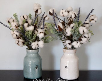 Rustic Cotton Arrangement | Farmhouse Decor | Rustic Decor | Cotton Decor | Cotton Stems in Ceramic Vase |