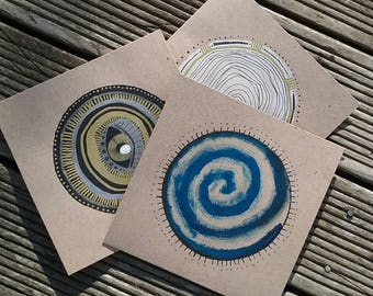 Set of 3 // Handmade Greetings Cards // Blue Spiral, Third Eye, White Mandala // Original Artwork