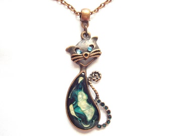 Gift for sister Cat pendant Cat necklace Blue white necklace Cute turquoise white cat Cat lover gift Resin pendant Cat jewelry Gift for wife