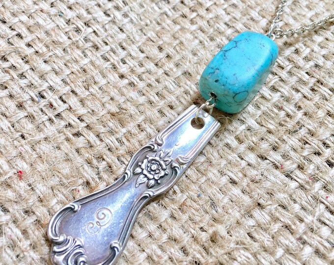 Spoon Necklace, Turquoise Necklace, Sterling Silver, Silverware Jewelry, Spoon Jewelry, Stone Necklace, Spoon Handle Pendant