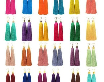 Long tassel earrings gold cap hook earrings Many colors Silky thread tassel earrings Fluorescent and Metallic shades drop earrings