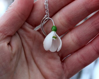 Snowdrops silver 925 pendant with the silver chain, spring cold porcelain flower pendant, the best Valentine's Day gift for her