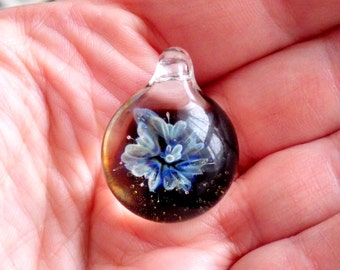Turquoise Blue Lily Flower Heady Glass Pendant Botanical Inspired Jewelry 3D Blown Glass Necklace Hippie Boho Tribal Keepsake Gift Idea