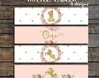 Unicorn Water Bottle Labels - Unicorn Party Water Bottle Wrappers - Unicorn birthday decorations - first birthday girl blush pink and gold