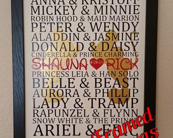 Disney Couples Sign, Personalized Wedding Gift, Famous Disney Couples, Disney Sign, Disney, Wedding Gift, Anniversary, Couples Gift