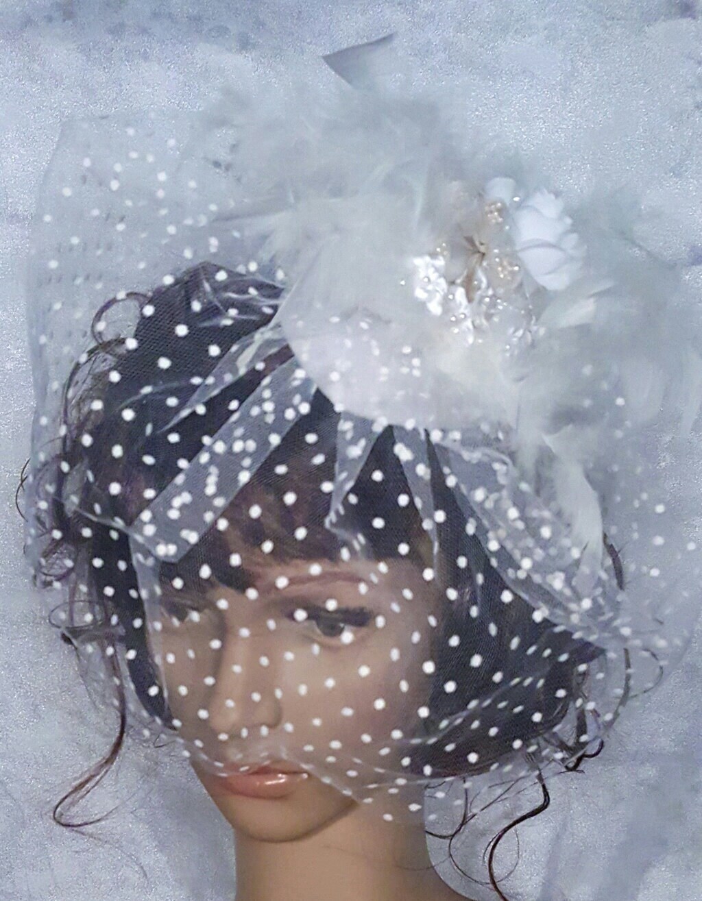 French Birdcage Blusher Veil with Tulle Dot Pattern Feathers