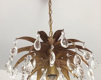 SOLD !! VENDU// Amazing French Raindrops Crystal Prisms Gold TOLE Pineapple Chandelier In "Maison Baguès" Style Vintage Seventies