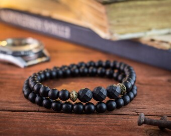 6mm - Double wrap matte black onyx beaded bracelet, beaded stretchy bracelet, black bracelet, mens bracelet, made to order yoga bracelet
