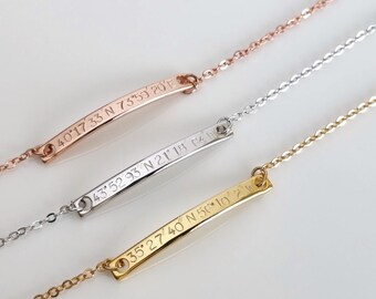 Personalized Coordinate Bracelet, Delicate Coordinates Bar Bracelet, Initial Bracelet, Bridesmaid Gift, Christmas Gift, Rose Gold Bracelet