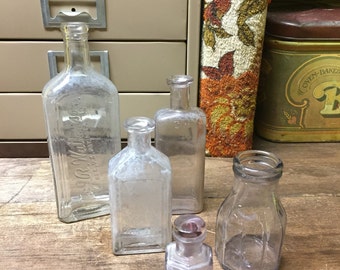 Vintage Old Bottles Amathyst Glass Clear Glass Set of 5