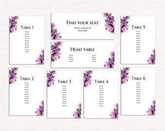 Floral wedding seating chart template Purple seating plan diy Romantic table plan printable Watercolor flowers seating chart download 1W63