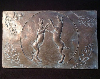 Boxing hares wall art, cold cast bronze garden sculpture, dancing hares and moon art, garden art, garden gift, hares picture