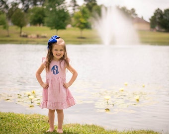 Seersucker Girls Dress; Girls Summer Dress; Easter Dress; Girls Dress; Girls Summer Outfits; Monogrammed Girls Dress; Fourth of July Outfit