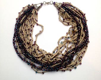 BEADED CROCHET NECKLACE Violet necklace Statement necklace purple necklace Violaceous jewelry Long beaded necklace Housewarming gift nature