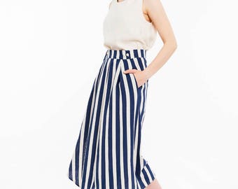Linen Navy Stripes Midi Skirt / Summer Skirt / Long Linen Skirt / Summer Linen Skirt
