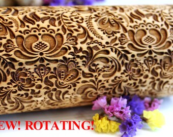 FLOWERS Embossing Rolling Pin, Christmas Gift, Laser Engraved Rolling Pin, FLORAL FOLK Pattern, Embossed Dough Roller, Rotating Big 3