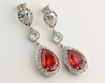Red Bridal Earrings Ruby Cubic Zirconia Drop Earrings Red Wedding Earrings Red Teardrop Earrings Red Crystal Earrings Red Bridesmaid Jewelry