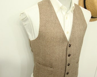 1960s Vintage Tweed Wool Beige Brown Vest Waistcoat Charles Christian 60s Country Waistcoat Vest Size 36 / Small / S Men's Waistcoat