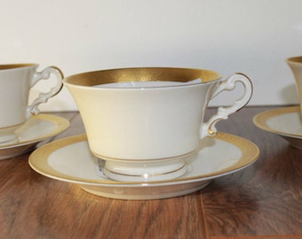 Vintage Tea Cup Set, Vintage Tea Cup China Set, Bracelet Old Ivory Tea Cup and Saucer Set, Set of 4, Made In America