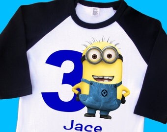 Boy Minion Birthday Shirt. Personalized Raglan with Name & Age. 1st 2nd 3rd 4th 5th 6th 7th 8th 9th Birthday Tee, T Shirt Tshirt (35205)