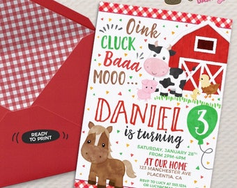 Barnyard Birthday invitation DIY Farm Animals printable invite - Barnyard birthday decorations red barnyard birthday invitations Farm invita