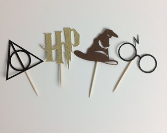 Harry Potter Cupcake Toppers ~ Deathly Hallows ~ HP logo ~ Sorting hat ~ glasses ~ lightning bolt ~ party ~ birthday