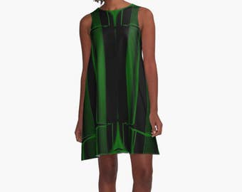 Black A Line Dress, Geometric Print Dress, Green Dress, Striped Dress, Sleeveless Dress, Party Dress, Wearable Art Dress Abstract Modern Art