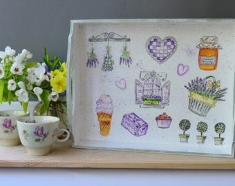 Wood serving tray lavender ottoman tray with handles breakfast bed tray decorative coffee table tray food tray tea lover gift provence decor